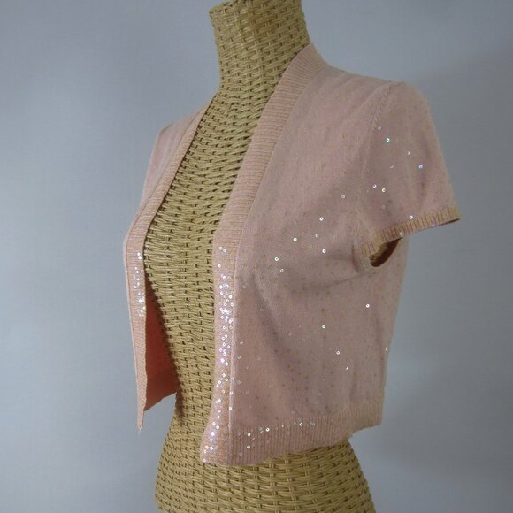 New bcbg maxazria Womens M Pastel Peach Pink Silk Sequined Cap Sleeve Shrug - Picture 3 of 9